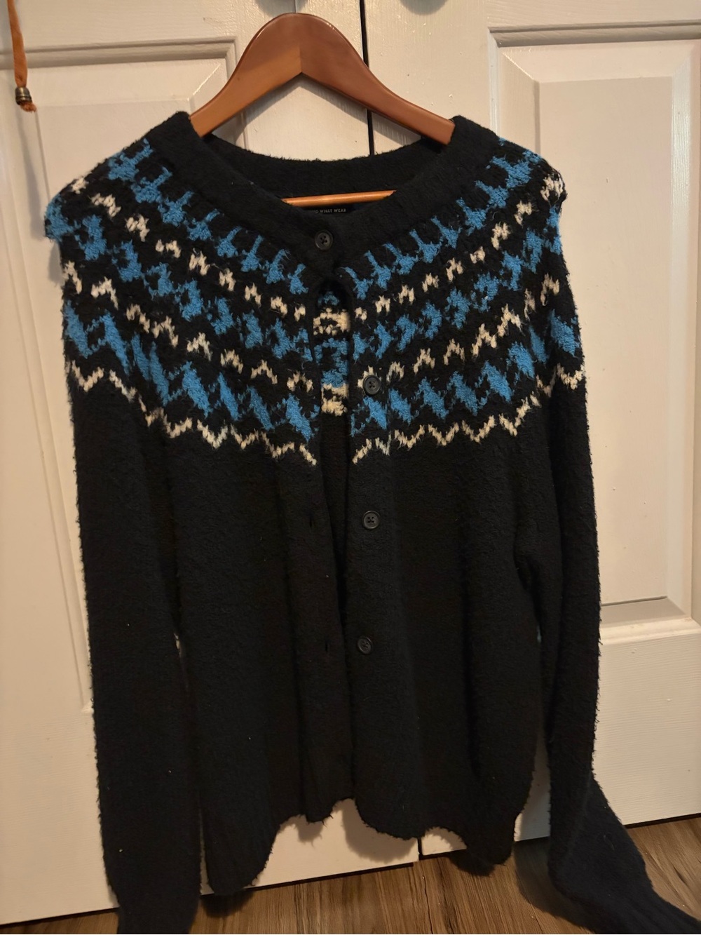 Who What Wear Black Cardigan with Blue and White Fair Isle Yoke